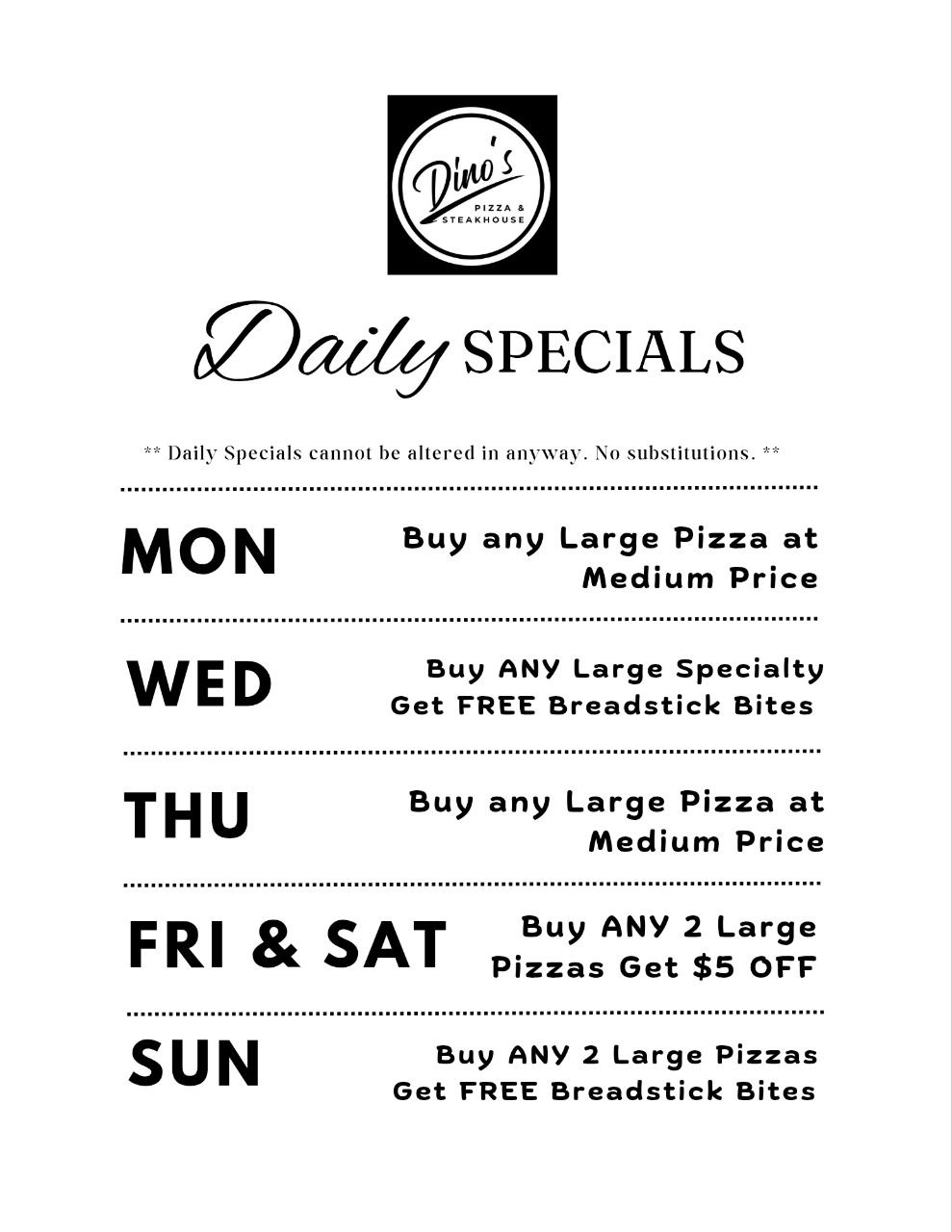 Dinos Specials Menu